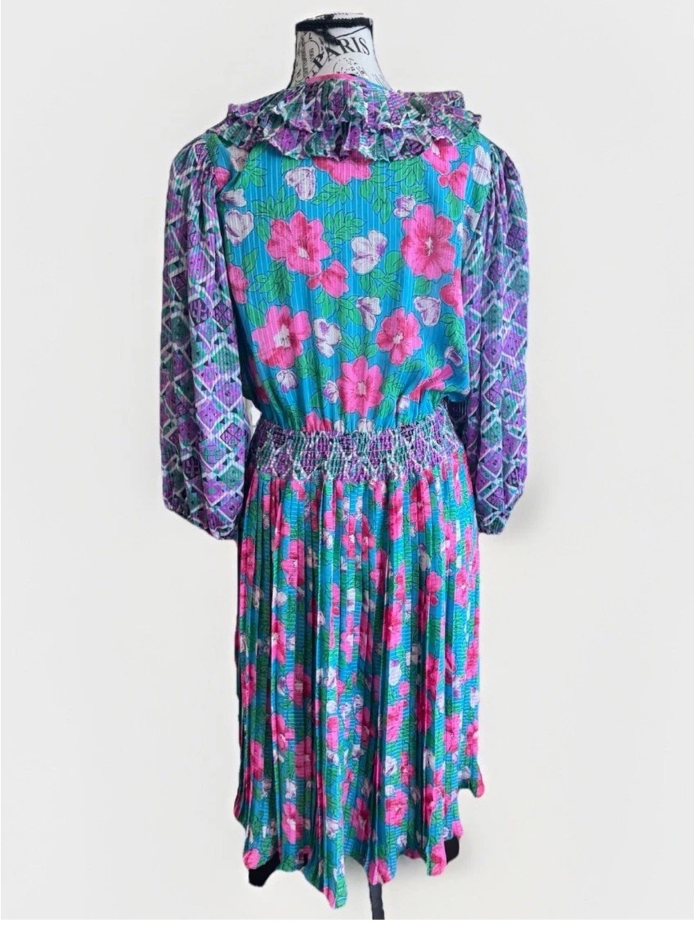 Vintage 80s Diane Freis Floral Pleated Maxi Dress Balloon Sleeve Boho Dress - Picture 6 of 13